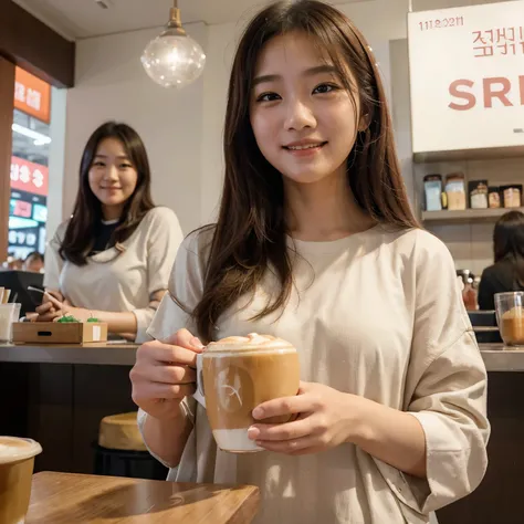 "In a bustling Seoul café, a shy Korean girl nervously orders her favorite latte. Suddenly, her eyes meet yours, sparking a smile that lights up the room. With a blush and a giggle, she shyly introduces herself, and in that moment, you know shes the one wh...