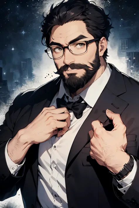 a big man with a black beard, short hair, in a stylish black suit, wears glasses