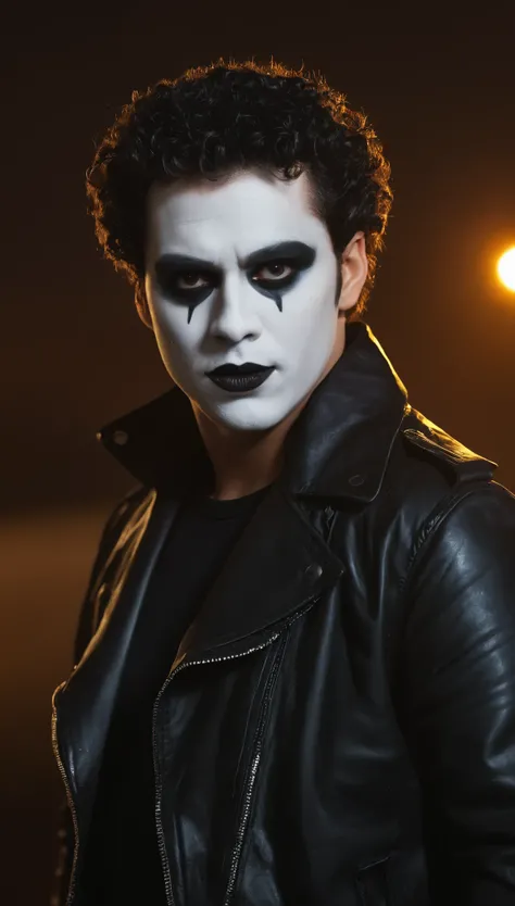 A movie poster, full color, a mime, male, 28 years-old, wearing black and white crow makeup and a dark leather jacket, stocky, soft doughy physique, deep brown eyes, wide bulbous nose, full lips, black lipstick, black hair, curly quiff, thick bushy eyebrow...