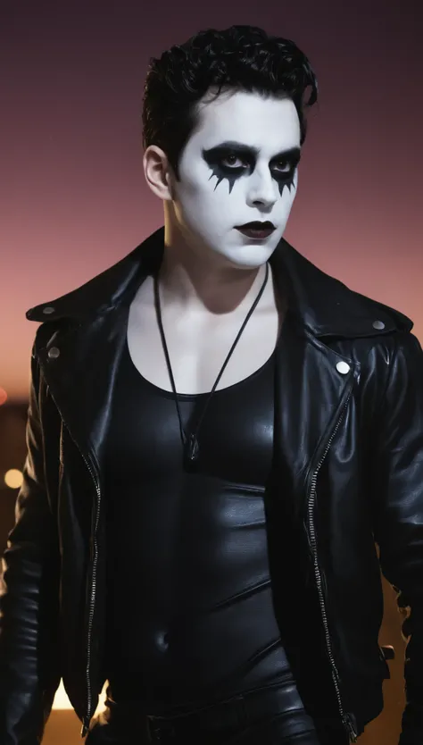 A movie poster, full color, a mime, male, 28 years-old, wearing black and white crow makeup and a dark leather jacke5, stocky, soft doughy physique, deep brown eyes, wide bulbous nose, full lips, black lipstick, black hair, curly quiff, thick bushy eyebrow...