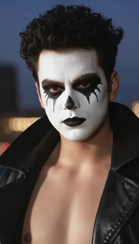 A movie poster, full color, a mime, male, 28 years-old, wearing black and white crow makeup and a dark leather jacke5, stocky, soft doughy physique, deep brown eyes, wide bulbous nose, full lips, black lipstick, black hair, curly quiff, thick bushy eyebrow...