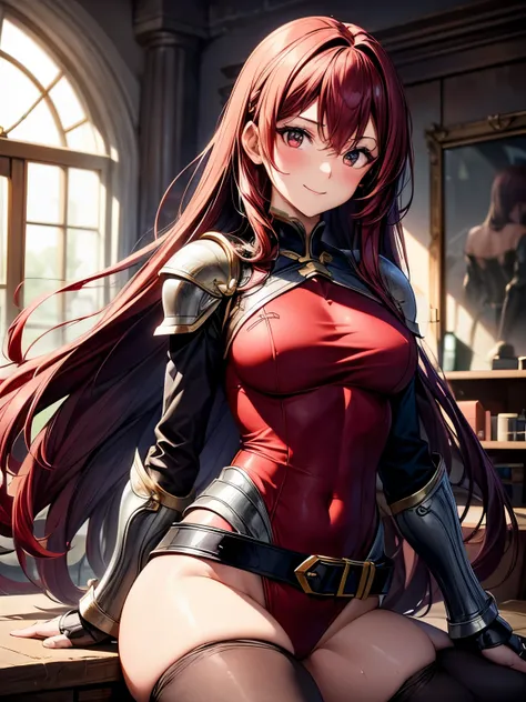 highest quality、nice sexy body、one woman、solo、((Beautiful busty woman:1.3))、((Woman with dark red hair:1.3))、straight hair woman、long hair woman、female knight、(A woman wearing a dark red leotard:1.3)、((woman with full armor:1.3))、((Woman with belt))、woman ...