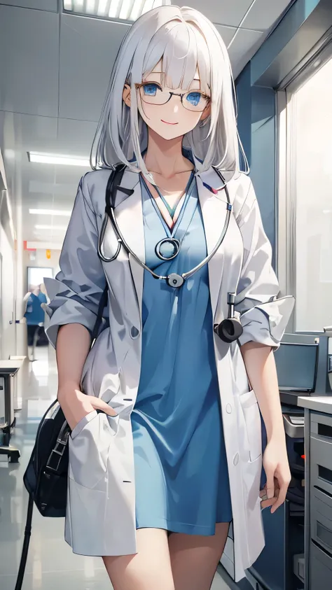 1girl, adult, Long white Hair, Blue eyes, wearing White Doctor Suites, stethoscope, Smile, glasses, Hospital Room, absurdres, high detailed eyes and face, high res, ultrasharp, 8K, masterpiece, photorealistic, High quality, walk