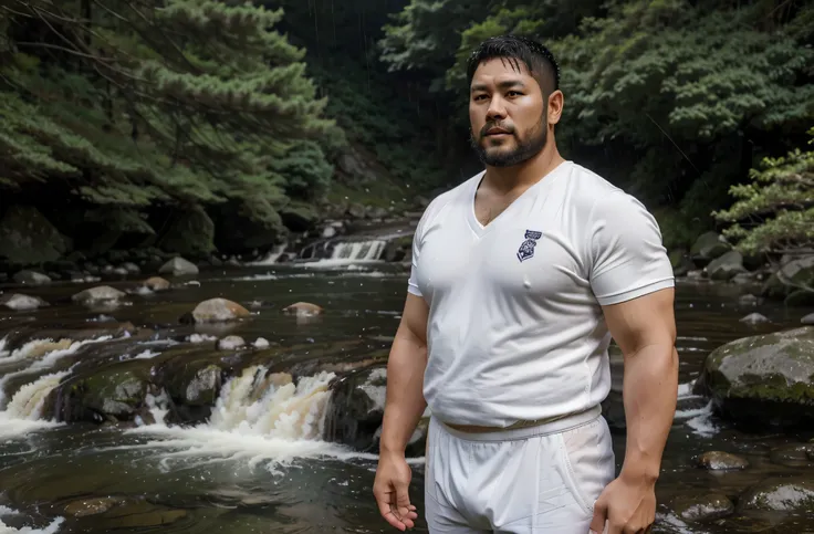 a 38-year-old Japanese former rugby player wearing white brief stands by the mountain stream. stocky chubby thick 　short beard　very short hair　rain