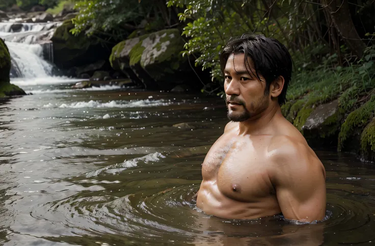 a 38-year-old Japanese former rugby player wearing shite brief stands in the mountain stream. stocky chubby thick 　short beard　very short hair　rain