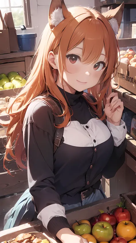 (best quality:1.2), (ultra detailed:1.2), ultra high resolusion, highres,8k, Country roads, wheat fields, hoodless horse-drawn carriage, "Spice and Wolf", Holo lying on a heap of apples piled up on a loading platform, smile, offering an apple, orange hair,...