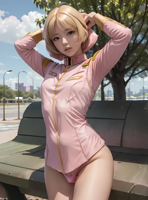 (sayla mass=beautiful 15 year old girl:1.97), ((blonde bob cut, earth federation military uniform　peach-colored uniform　girl in ...