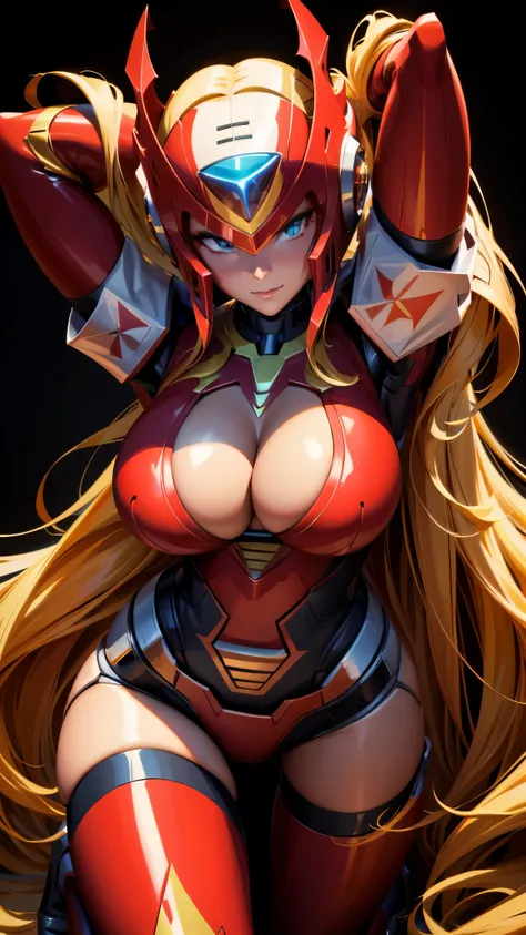 A beautiful woman, ((both hands behind head)) , ((on her knees)), 1 girl, (( mecha)), sexy body figure, long legs, large breasts, (cleavage), busty, beautiful face, Vanessa Kirby, milf, age 28, royal, long blonde color hair, pony tail, helmet, fine armor, ...