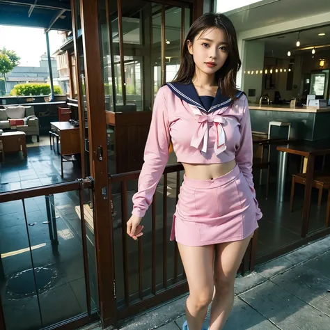 (highest quality、4k、8k、High resolution、masterpiece: 1.2)、Super detailed、(real、photorealistic、photorealistic: 1.37)、beautiful young woman、High Tech City、Shining neon lights、((A pink metallic sailor uniform that is skin-tight and revealing))、(standing split:...