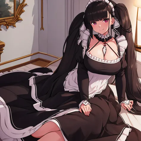 A woman wearing a maid dress, long skirt, long stockings, long black hair, long pigtails, burgundy eyes, big breasts, smiling, in a modern room. HDR, masterpiece, well defined, ultra resolution, high quality, 8k HD. (just a woman, solo)
