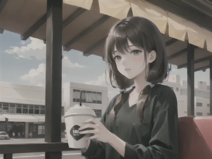 (8K, highest quality, masterpiece:1.2),(highest quality:1.0),ultra high resolution:1.0,  very detailed, give, 4k, disorganized, HDR,
Young girl drinking coffee in a coffee shop, outdoor,