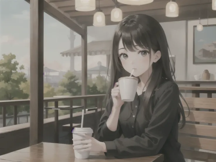 (8K, highest quality, masterpiece:1.2),(highest quality:1.0),ultra high resolution:1.0,  very detailed, give, 4k, disorganized, HDR,
Young girl drinking coffee in a coffee shop, outdoor,