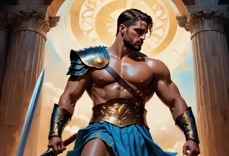 chiaroscuro technique on impressionist illustration of an masculine, Pantheon male model, handsome Roman, he is the god of war, he is Ares, Mars, evil-color, strong look, light blue eyes, strong jawline, dressed as a gladiator, ancient gladiator, male glad...