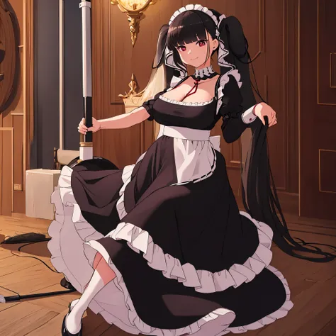 A woman wearing a maid dress, long skirt, holding a mop, full body, long stockings, long black hair, long pigtails, burgundy eyes, big breasts, smiling, in a modern room.HDR, masterpiece, well defined, ultra resolution, high quality, 8k HD. (just a woman, ...