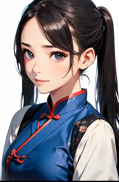 highest quality、realistic、Japanese、girl、zoom、cute、gray eyes、long hair、Pigtails、chestnut hair、all back、The forehead is protruding、blue cheongsam、cheongsam clothes、look down、big smile、Sweat、bust shot、thin、small breasts