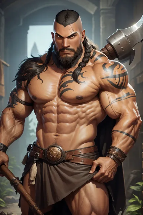 a close up of a goliath barbarian with a greataxe, Pail bule sink, young goliath , with red tattoos and scars on the body, male goliath portrait, covered in tattoos, fit young male , concept art of god, muscular , young god, barbarian male fantasy, detaile...