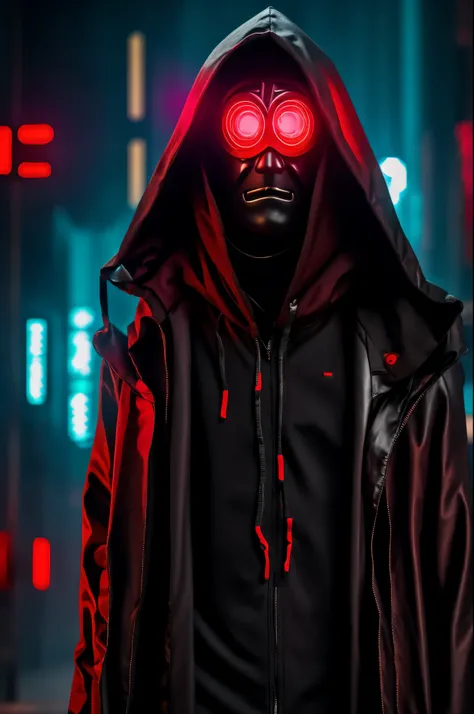 cyberpunk male character in suit and hood and mask, neon red eyes