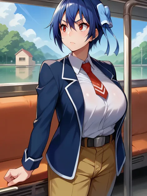 score_9, score_8_wonderful, score_7_wonderful, score_6_wonderful, sauce_anime, 1 girl, solo BREAK tsugumi seishirou, mole under eye, blue hair, short hair, hair ribbon, blue jacket, white shirt, collared shirt, red tie, belt, Brown pants, blue sky,train,bi...