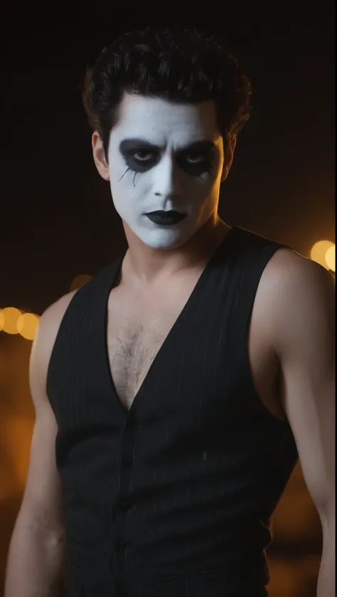 A movie poster, full color, a mime, male, 28 years-old, wearing black and white crow makeup and a dark pinstriped vest, stocky, soft doughy physique, deep brown eyes, wide bulbous nose, full lips, black lipstick, black hair, curly quiff, thick bushy eyebro...