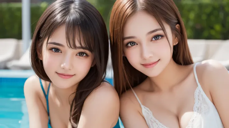 (2girl), Amazing face and eyes, celebrity, cleanliness, (cleavage), (Best Quality:1.4), (Ultra-detailed), (extremely detailed beautiful face), cute smile, (extremely detailed CG unified 8k wallpaper), Highly detailed, High-definition raw color photos, Prof...