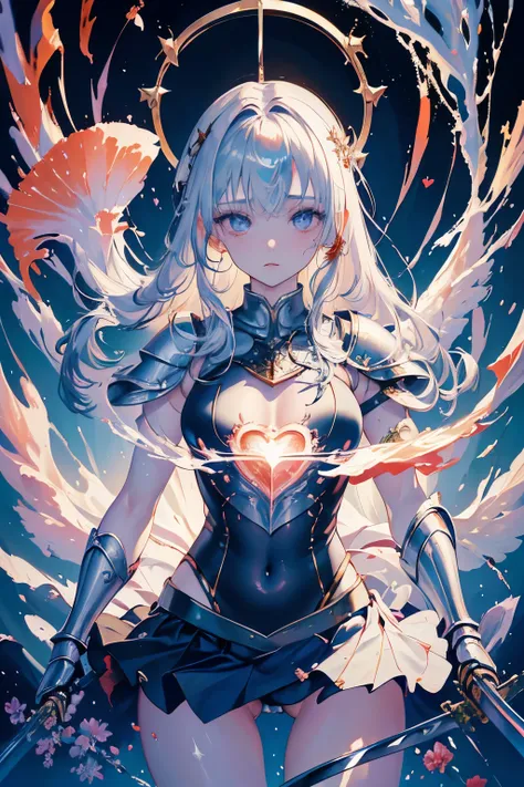 （（（highest quality、masterpiece、normal body、8k、detailed face、ultra precision、Normal hand、normal finger、５This finger、supreme）））female hero（（human、blonde、19 years old、150cm、Long sword equipment））、Silver Breastplate、Racy blue leotard、sheer leotard、Armor Skirt、...