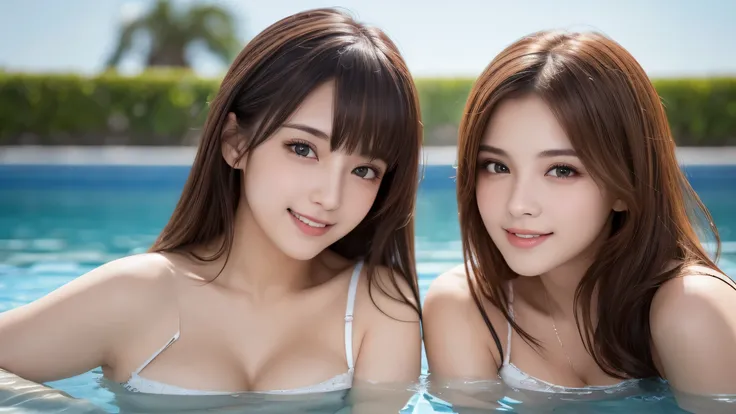 (2girl), Amazing face and eyes, celebrity, cleanliness, (cleavage), (Best Quality:1.4), (Ultra-detailed), (extremely detailed beautiful face), cute smile, (extremely detailed CG unified 8k wallpaper), Highly detailed, High-definition raw color photos, Prof...