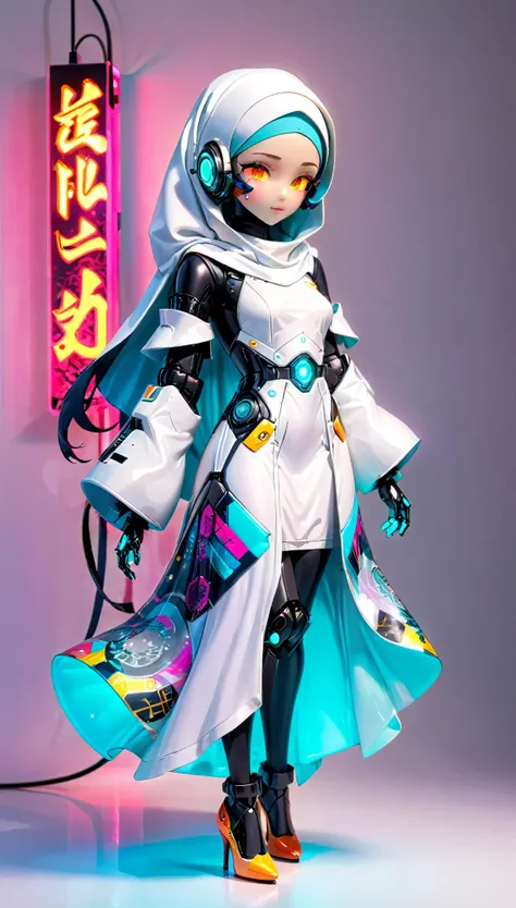 (Blind Box Spielzeug Stil:1.2),full body, solo,white background,(A female islamic dress with hijab robot dress, wearing gloves and high heels),(Chinese color,Very colorful), Cyberpunk, Dreamy Glow, Luminous neon lamp, 3D