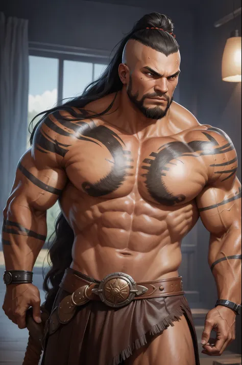 a close up of a goliath barbarian with a greataxe, Pail bule sink, young goliath , with red tattoos and scars on the body, male goliath portrait, covered in tattoos, fit young male , concept art of god, muscular , young god, barbarian male fantasy, detaile...