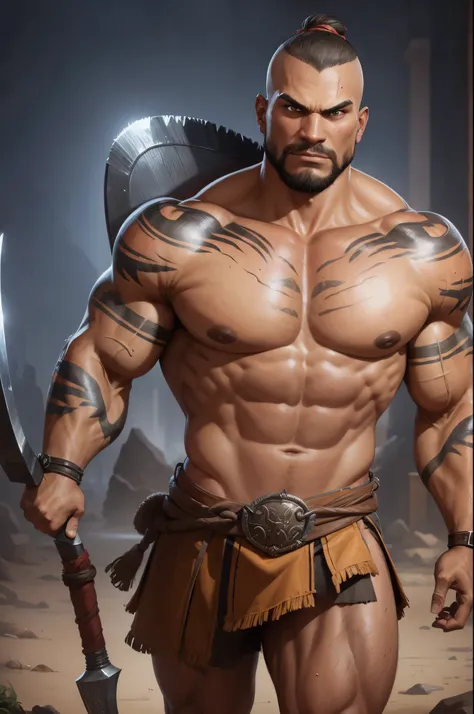 a close up of a goliath barbarian with a greataxe, Pail bule sink, young goliath , with red tattoos and scars on the body, male goliath portrait, covered in tattoos, fit young male , concept art of god, muscular , young god, barbarian male fantasy, detaile...