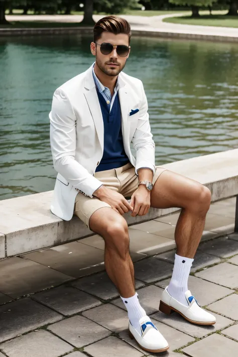 full view jeune homme bcbg preppy brun undercut en polo blanc, blazer marine, bermudas blanc, chaussettes blanches montantes, mocassins sebago bleu marines, bagues or, assis sur un banc dans un parc