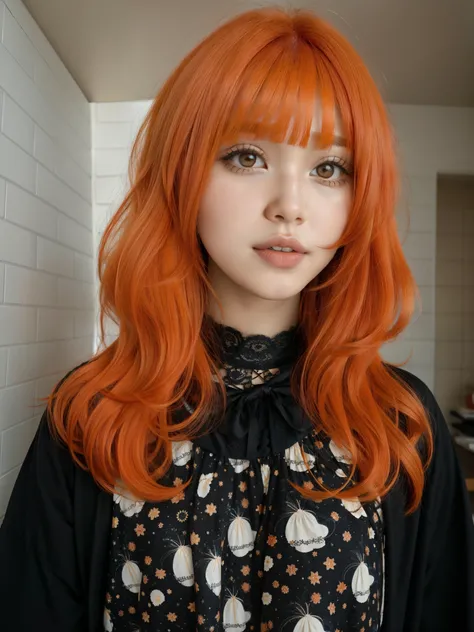 un primer plano de una mujer con cabello rojo y una camisa negra, pelo naranja, el corte de hime, bright pelo naranja, long wavy pelo naranja, long pelo naranja, cabello naranja brillante, cabello rizado color cobre, cabello suelto naranja, cabello pelirro...