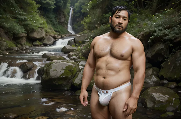 a 38-year-old Japanese former rugby player wearing soaked white brief stands by the mountain stream. stocky chubby thick 　short beard　very short hair　rain　big bulge of crotch　 shirtless　erection　boner