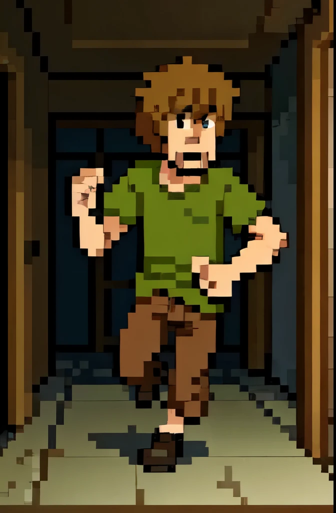 man, solo, afraid, screaming, running away from a cute ghost, shaggy, green shirt, brown pants, black shoes, inside a haunted ho...