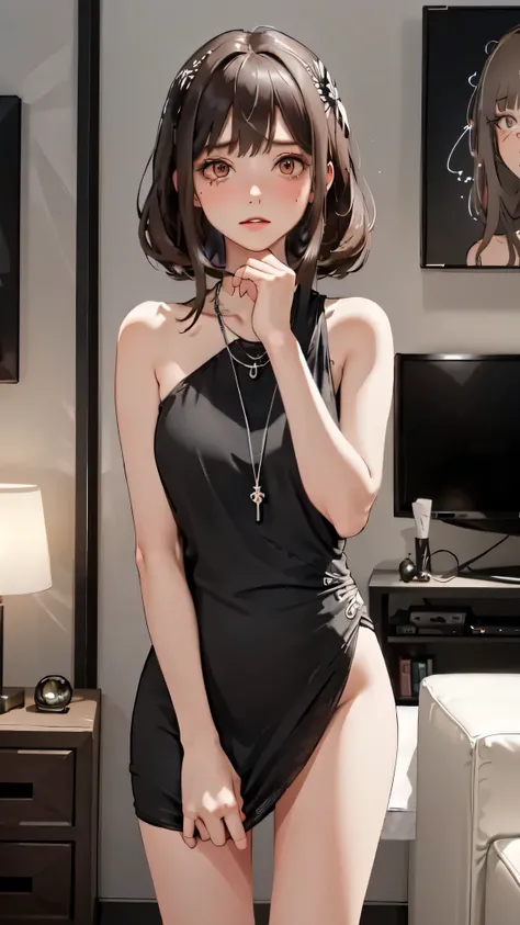 1lady standing, mature female, /(short tight dress/) really short club dress, Mini black dress, necklace, /(brown messy hair/) Long hair , bangs, blush kind scared, (masterpiece best quality:1.2) delicate illustration ultra-detailed, wrinkled dress, smudge...