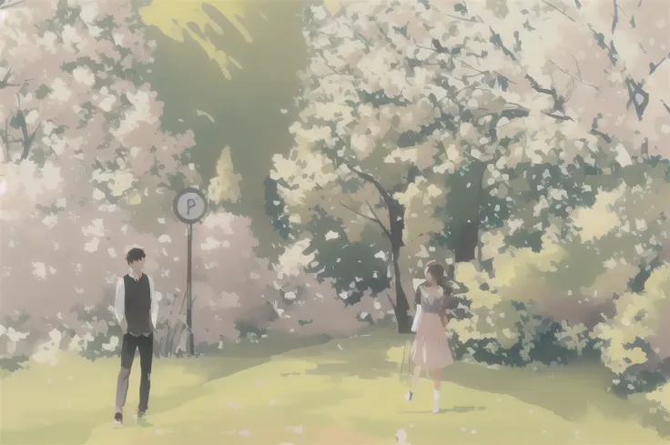 cherry blossoms are in full bloom on the cherry tree,animated scene of a man and woman walking on a park path, spring day, anima...