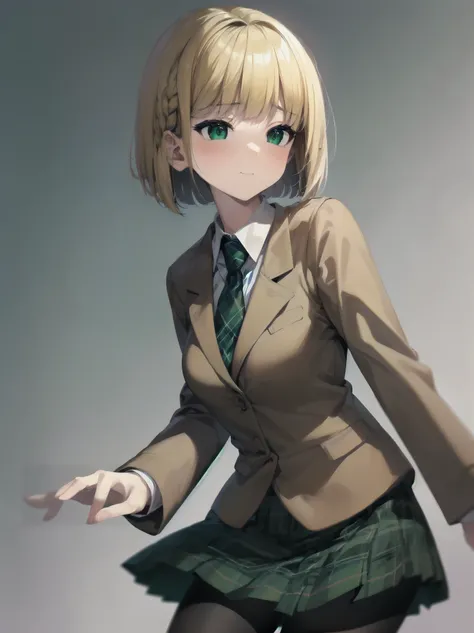 Top-High quality、Highest image quality、masterpiece、high contrast、Elegant、erotic expression、high school girl、blonde、Bob cut braids、uniform、(brown blazer)、ribbon tie、(Green and gray plaid skirt)、(black tights)、cinematic lighting、fine shading、cute、Truly unbel...