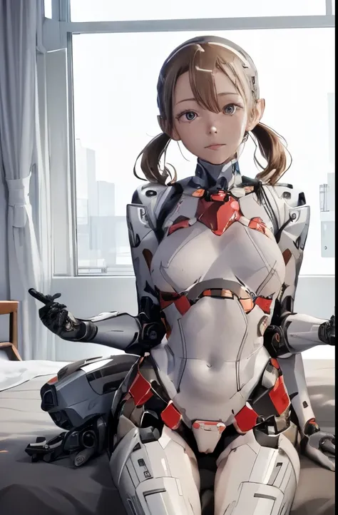 a female robot is sleeping in bedroom, spread legs, nude, banzai pose. she wears no dress. she brown short hair is tied with two...