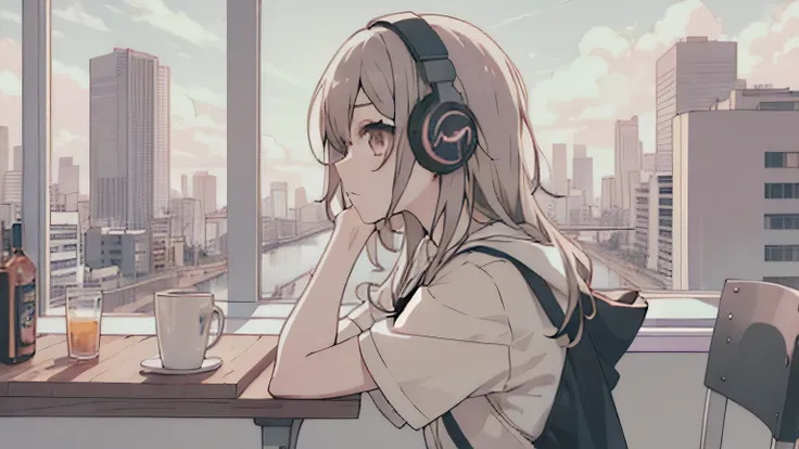 anime girl With headphones sitting at a table with a city view, anime atmosphere, Lofty Girl, anime style 4 k, portrait of lofi, Lofi Art Style, Nightcore, anime style. 8K, With headphones, anime aesthetics, anime moe art style, an anime girl, (anime girl)...
