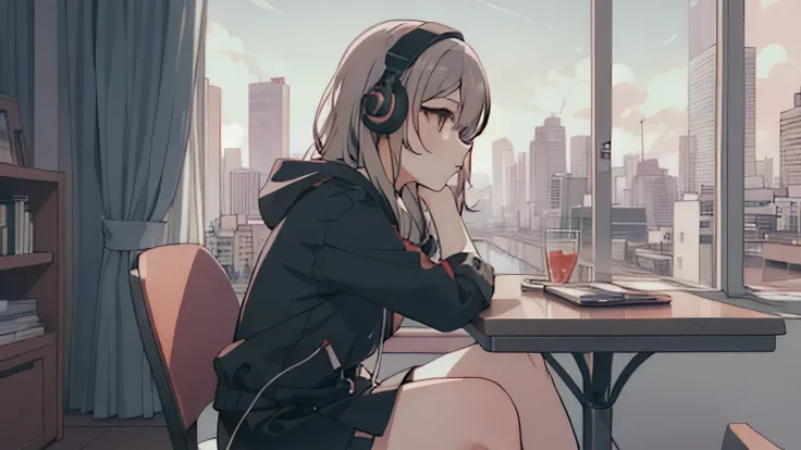 anime girl with headphones sitting at a table with a city view, anime atmosphere, lofty girl, anime style 4 k, portrait of lofi,...