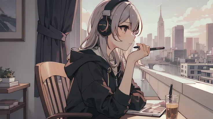 anime girl with headphones sitting at a table with a city view, anime atmosphere, lofty girl, anime style 4 k, portrait of lofi,...