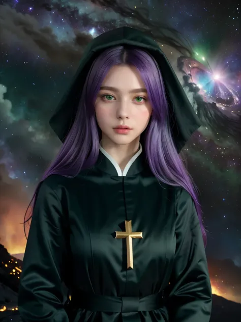 (8k), (highest quality), (best details)milky way、purple hair、green eyes、put on the cassock and pray to god、church、very long hair...