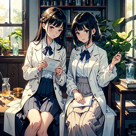 (highest quality、masterpiece、High resolution)、(Sargent style watercolor)、(anime art)、soft light、((two women))、((The two are talking while holding documents))、17 years old、18-year-old、medium short hair、black hair、dark brown hair、braided hair、small breasts、u...