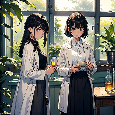 (highest quality、masterpiece、High resolution)、(Sargent style watercolor)、(anime art)、soft light、((two women))、((They both had documents、Standing and talking))、17 years old、18-year-old、medium short hair、black hair、dark brown hair、braided hair、small breasts、...