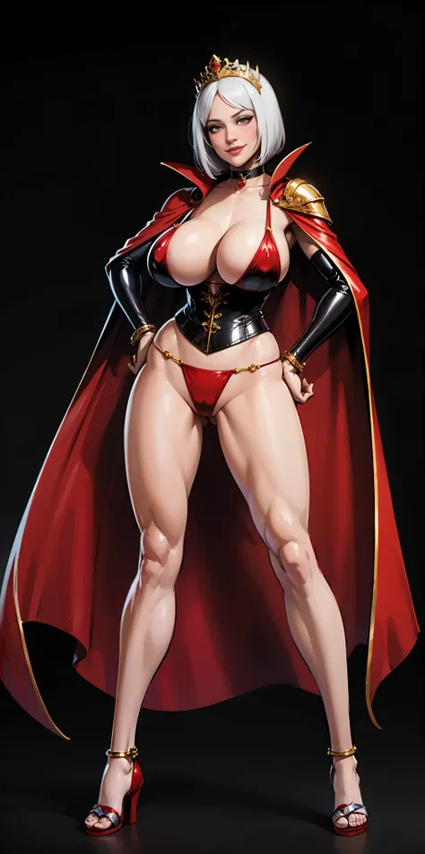 ((BLACK BACKGROUND,1:2, masterpiece)), full body MILF BIMBO standing with two long thighs and two high heels, red eyes, silver white hair, short bob style hair, big breasts, cleavage, separate sleeves, tiara royal, long cape up to two feet, yellow bikini, ...