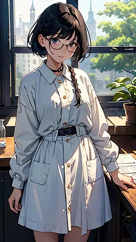 (highest quality、masterpiece、High resolution)、(Sargent style watercolor)、(anime art)、soft light、((1 woman))、((With documents、Are standing))、18-year-old、medium short hair、black hair、dark brown hair、braided hair、glasses、small breasts、uniform、(long skirt)、((w...