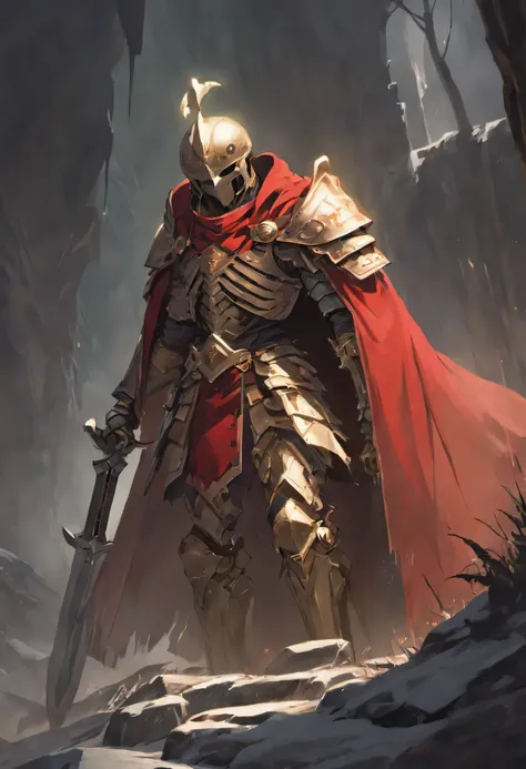 Craft a hyper-realistic portrayal of a skeleton knight draped in a striking red cloak, standing amidst a landscape of rugged terrain. Render every fold and texture of the fabric with meticulous detail, capturing the interplay of light and shadow as it casc...