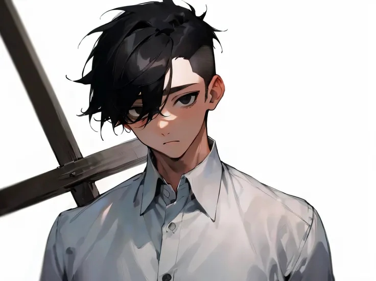 [(white background:1.5),::5], ((((masterpiece)))), high quality, ultra high resolution, full color, (((alone))), ((boy)), shaved hair, ((black hair)), black eye, upper body, character in the center, shirt