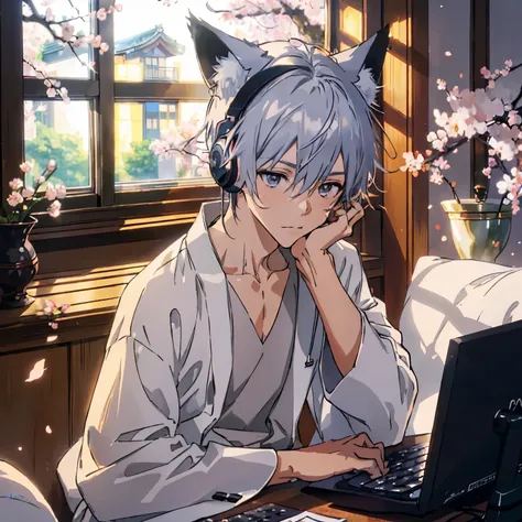 ((highest quality)), ((masterpiece)), (be familiar with),、morning、A boy studying in his room while listening to the radio with headphones、kimono、silver hair、fox tail、fox ears、warm lighting、Cherry blossoms are blooming outside the room、opening the computer、...