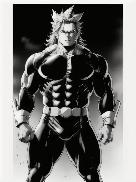 best quality, high resolution, manga, monochrome, handwritten style, allmight, hunk, black bodysuit, wet clothes, from front, on...