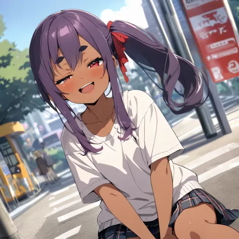 masterpiece, best quality, extremely detailed,dutch angle, anime,oversized school sweater、tartan check Skirt,tanned skin,12yo ,dark skin tiny body,small breast,baby face,hand between legs,BREAK,multicolored dark Purple hair,side ponytail,short hair with lo...